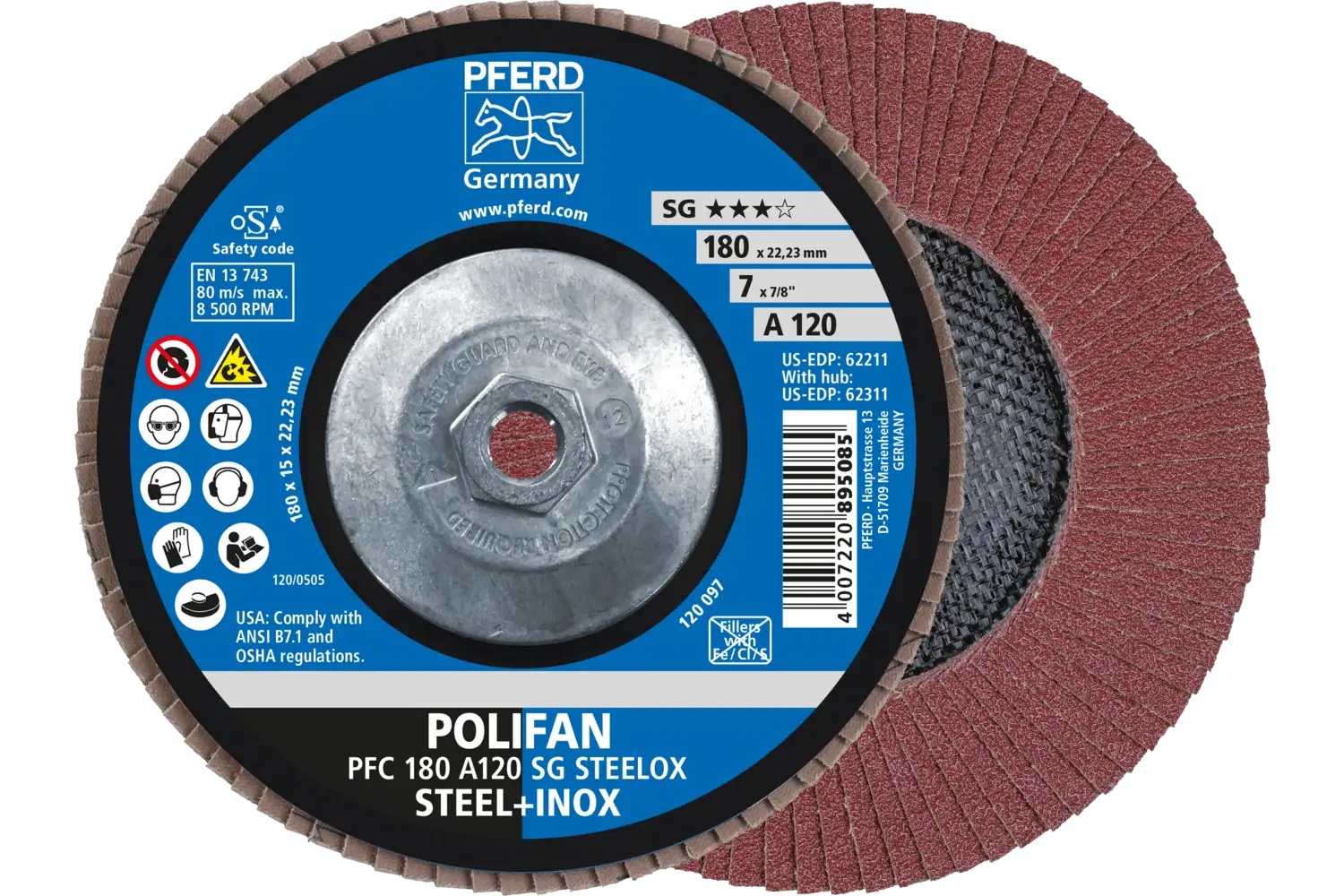 Picture of Pferd Flap Disc, 7" x 5/8-11, A SG Steelox, 120 Grit, T29, Conical, Aluminum oxide